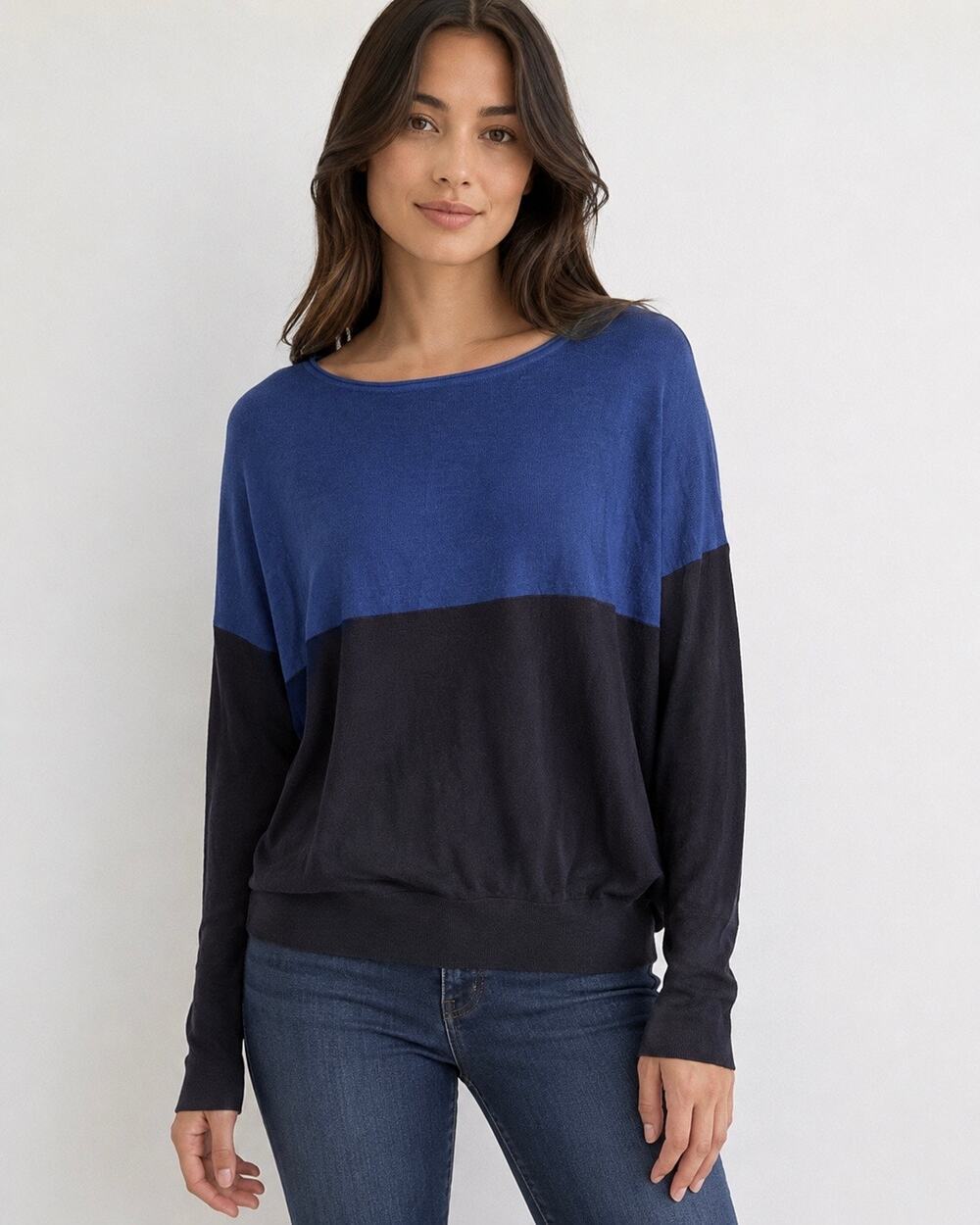 Vince XS Blue Navy Colorblock Lightweight Knit Long Sleeve Slub Oversized Top